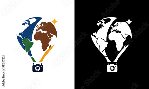 A hot air balloon with a camera takes off over a world map illustration