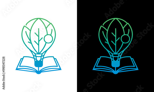 Hot air balloon rises over an open book with plants inside