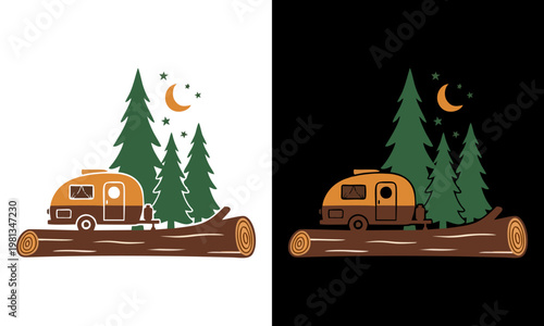 A camper trailer parked beside pine trees under a crescent moon at nighttime.
