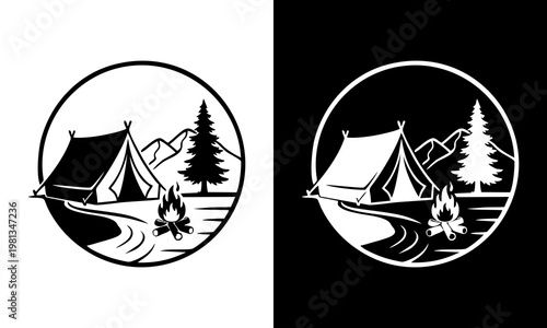 Camping scene with tent, campfire, trees, mountains, and river in Nature.