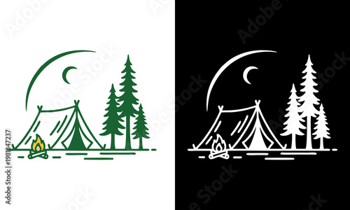 Camping scene with tents trees and crescent moon at night outdoors