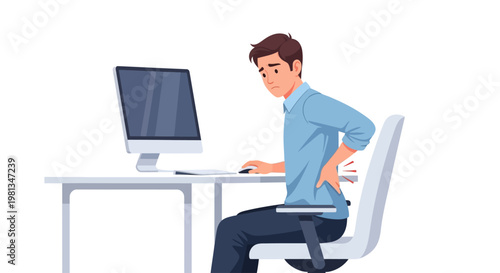 Man suffering from back pain while working at his computer desk