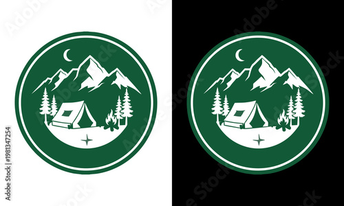 Camping scene with tent, mountains, trees, and crescent moon at night