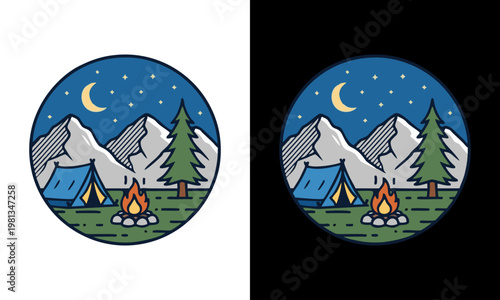 Camping under starry night sky with mountains and trees surrounding tents
