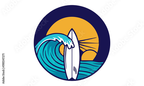 A surfboard rides a wave at sunset over the ocean horizon.