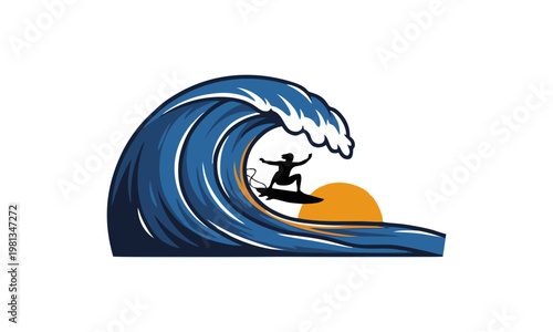 Surfer rides wave at sunset on beach with ocean and board