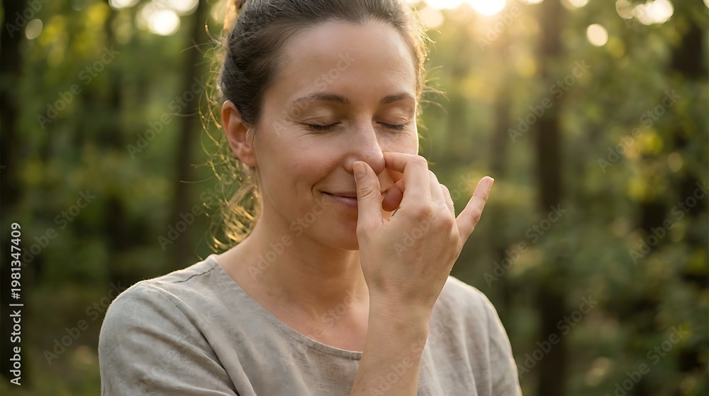 Fototapeta premium A woman practices alternate nostril breathing in a peaceful outdoor setting. She's in a meditative state, bringing calmness