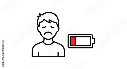 A simple line drawing depicts a sad person with a low battery indicator nearby