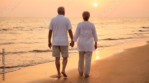 An elderly couple holding hands while walking on the beach during the sunset. The sky is bathed in warm hues of orange and gold.