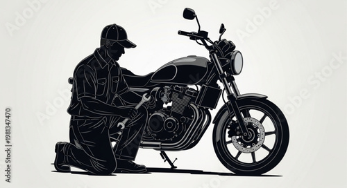 Mechanic working on a motorcycle engine with tools.