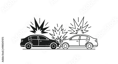 A stark black and white illustration depicts a head on collision between two passenger vehicles showing impact