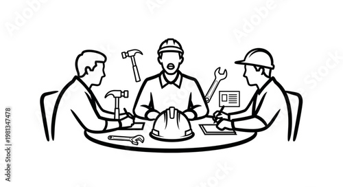 Construction workers meeting discussing plans at a table.
