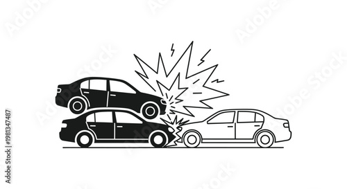 A black and white line art illustration depicts a severe car crash involving four vehicles