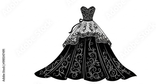 Elegant Black and White Ball Gown Illustration.