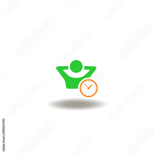 Vector illustration of relaxed man with hands behind head and clock. Symbol of passive income.