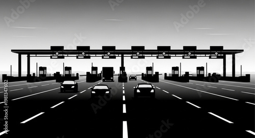 Highway Toll Booths with Cars and Trucks in Silhouette.