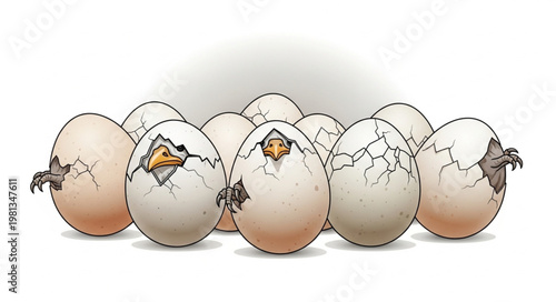 Baby chicks hatching from eggs in a group.