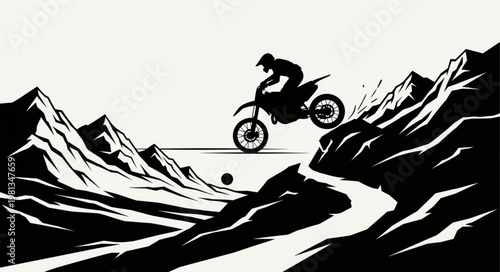 Motocross Rider Jumps Over Mountainous Terrain.