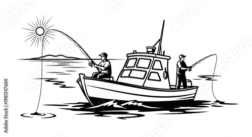 Two fishermen casting lines from a boat at sunrise.