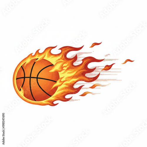 A flaming basketball icon in a dynamic motion, symbolizing speed and energy in a vector graphic design.