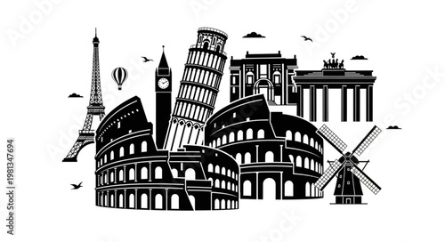 Famous European Landmarks Collage Silhouette.