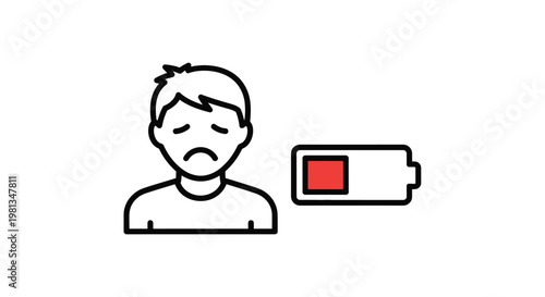 A minimalist illustration depicts a sad man s face beside a low battery icon conveying exhaustion