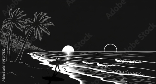 Surfer walks on beach at sunset with palm trees.