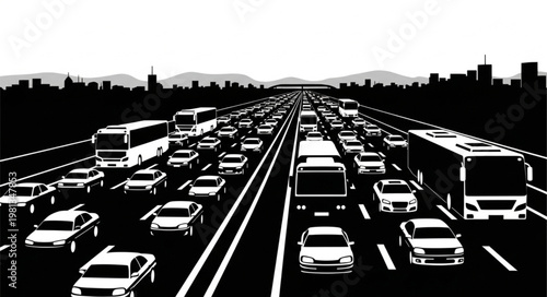 Heavy traffic jam on a multi lane highway with cars and buses.