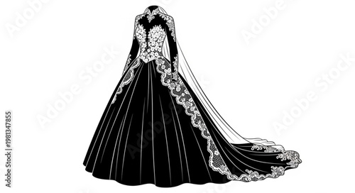 Elegant Black Ball Gown with Intricate White Lace Details.