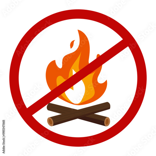 No campfires prohibited sign, no fire forbidden modern round sticker, vector illustration