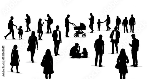 Diverse group of people in silhouette walking and interacting.