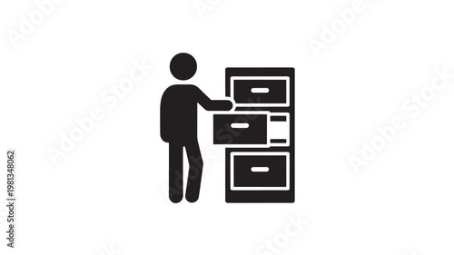 Filing Cabinet Organization Icon Person Accessing Drawer for Document Management and Data Storage