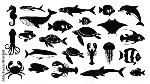 Variety of marine life silhouettes a black and white ocean ecosystem illustration