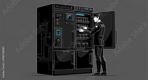 Man in Suit Using a High-Tech Vending Machine.