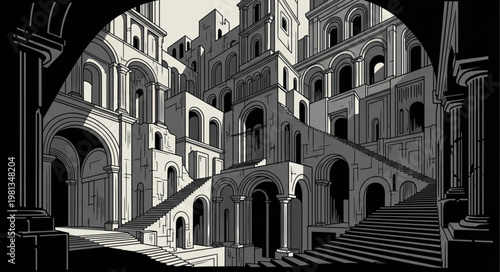 Ancient stone ruins with arches and staircases in dramatic light.