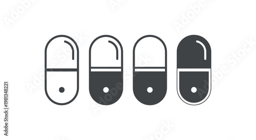 A sequence of four capsule shaped pills depicted in varying shades of fill