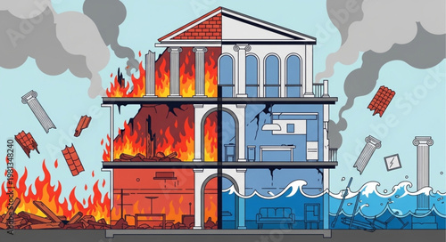 Building divided by fire and flood disaster.