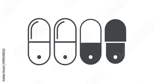 A simple black and white illustration depicts four capsule shaped pills in a linear arrangement