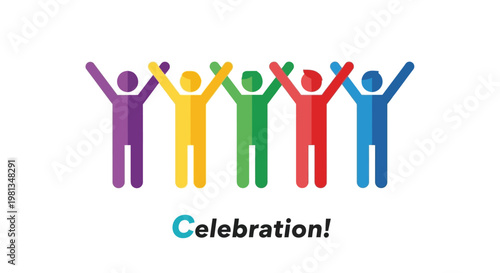 A row of six stylized human figures with raised arms celebrating success with vibrant colors