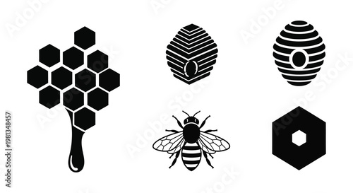 Black honeycomb shapes bee and hexagonal designs in a striking silhouette