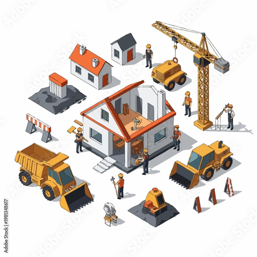 Construction site with houses and heavy machinery isometric view.