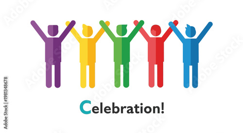 A colorful illustration depicts six stylized figures with arms raised in a celebratory gesture