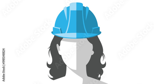 A stylized illustration depicts a blue construction helmet atop a faceless figure with dark hair