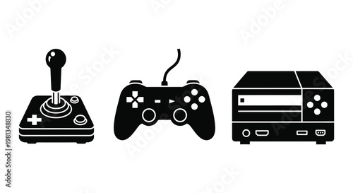 Gaming console joystick and controller in black silhouette