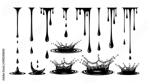 Water splashes from puddles. Dripping liquid elements, isolated black ink flow. Tears-flowing vector silhouettes, oil or rain drips
