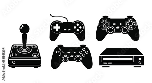 Black gaming controllers and console as a distinct silhouette