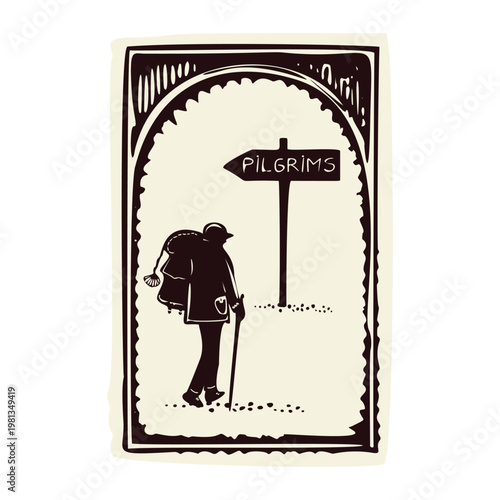 Pilgrim walker with backpacker rucksack and camino shell with route signpost. Great for Santiago decompostelo pilgrimage passport badge symbol. Hand drawn vector black and white icon. 