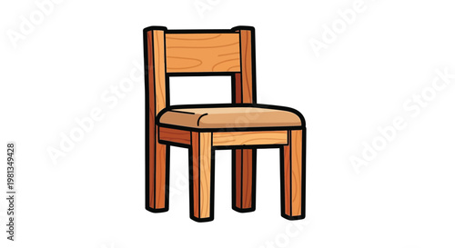 A simple cartoon illustration of a wooden chair with a cushioned seat facing forward