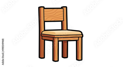 A simple cartoon illustration depicts a wooden chair with a seat and backrest isolated on white