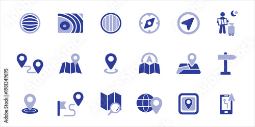maps icons set. navigation, location, map pin, compass, direction, gps, locate and more. simple colored vector